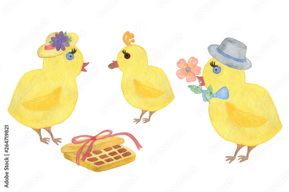 Easter holidays set, Spring holidays, Hand drawn watercolor composition, hand drawn watercolor chickens