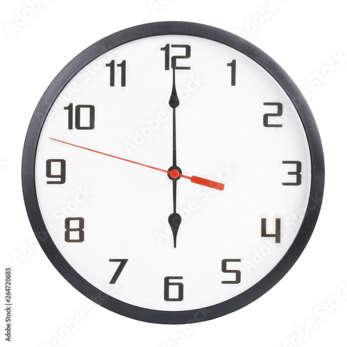 Wall clock isolated on white background. 6 p.m. or 6 a.m. photo