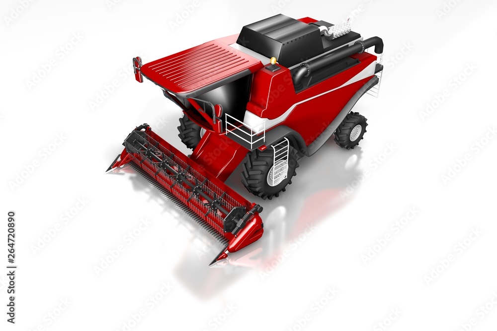 industrial 3D illustration of large rendered red rural agricultural harvester front top view with reflection on white, mockup with place for your text