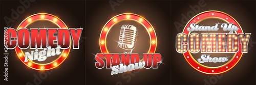 Vector set of stand up comedy show retro banners labels