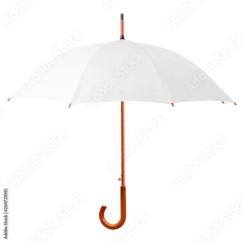 White umbrella with wooden handle isolated on white