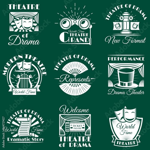 Vector vintage theatre emblems, labels, badges, logo