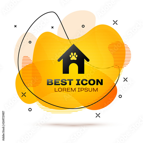 Black Dog house and paw print pet icon isolated on white background. Dog kennel. Fluid color banner. Vector Illustration