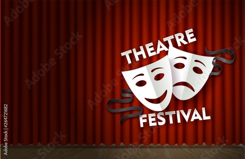 Theatre festival stage with red velvet curtain vector poster template