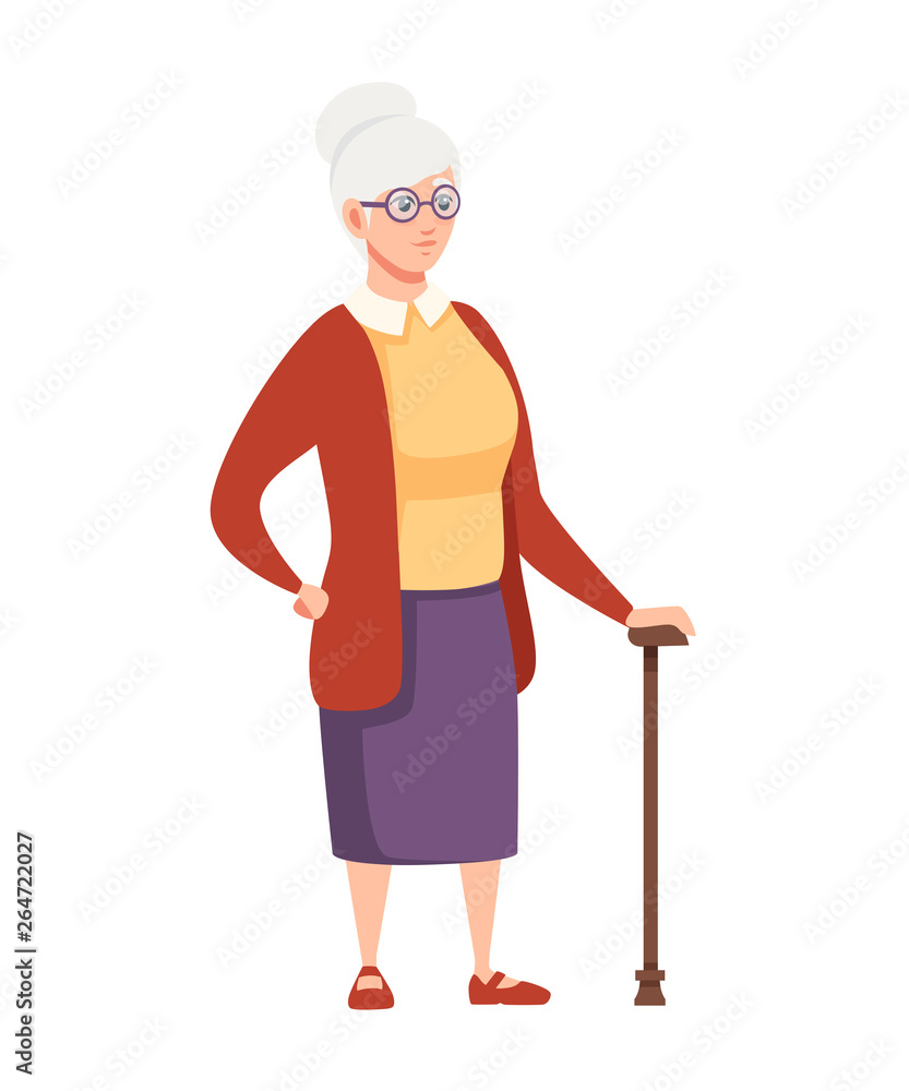 Senior Woman in casual clothes. Old women with cane and glasses. Grandmother standing. Cartoon character design. Flat vector illustration isolated on white background Senior Woman in casual clothes. Old women with cane and glasses. Grandmother standing. Cartoon character design. Flat vector illustration isolated on white background