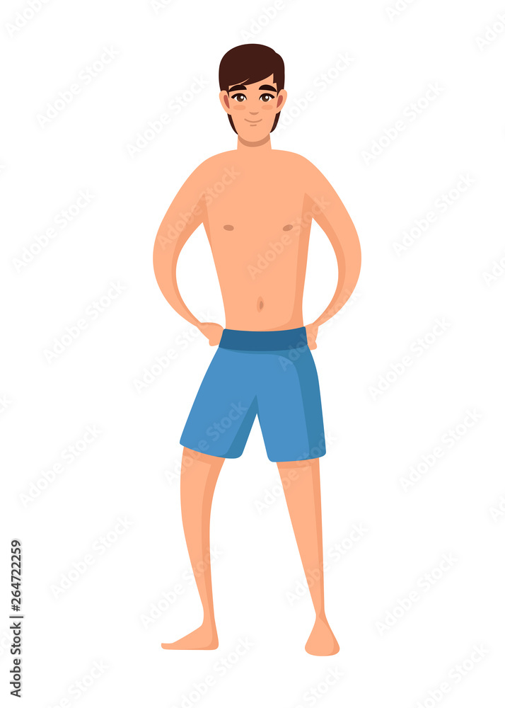 Men wear blue swimsuit. Beach shorts. Cartoon character design. Flat vector illustration isolated on white background