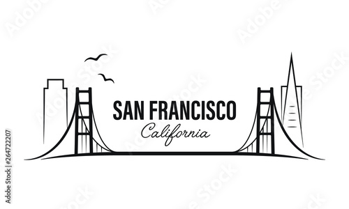 San Francisco famous bridge. California isolated vector logotype. Travel, journey, trip, vacation beach icon. USA state.