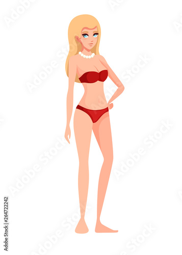 Beautiful women wearing red modern style swimsuit and white beads necklace. Cartoon character design. Flat vector illustration isolated on white background