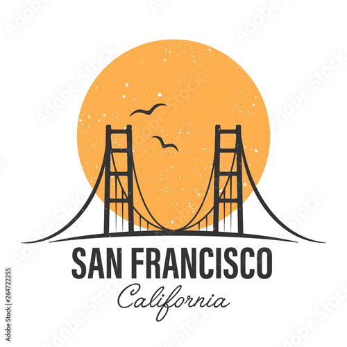 San Francisco famous bridge. California isolated vector logotype. Travel, journey, trip, vacation beach icon. USA state.