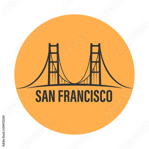 San Francisco famous bridge. California isolated vector logotype. Travel, journey, trip, vacation beach icon. USA state.