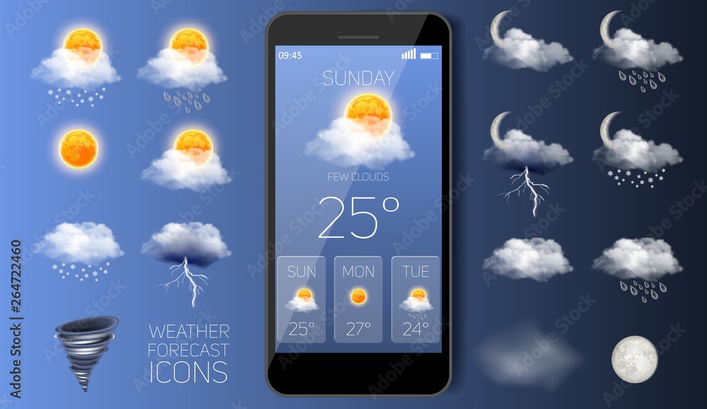 Weather forecast widget app vector realistic application - obrazy, fototapety, plakaty 