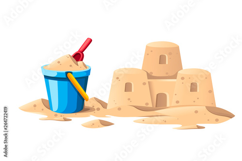 Simple sand castle with blue bucket and red shovel. Cartoon design. Flat vector illustration isolated on white background
