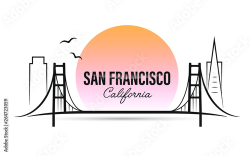 San Francisco famous bridge. California isolated vector logotype. Travel, journey, trip, vacation beach icon. USA state.