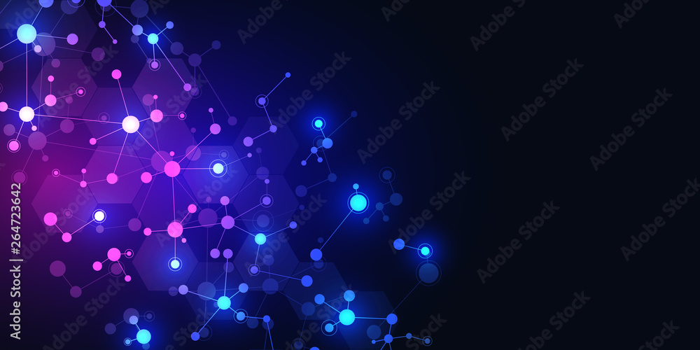 Abstract technology and innovation background with molecular structures and neural network. Molecules DNA and genetic engineering. Technical and scientific concept. Abstract technology and innovation background with molecular structures and neural network. Molecules DNA and genetic engineering. Technical and scientific concept.