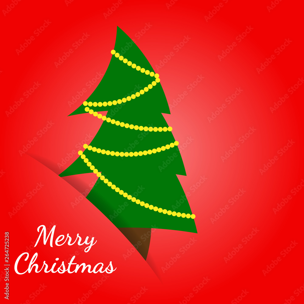Naklejka premium Greeting christmas card in a minimalist flat style. Paper green Christmas tree hidden in the paper slot