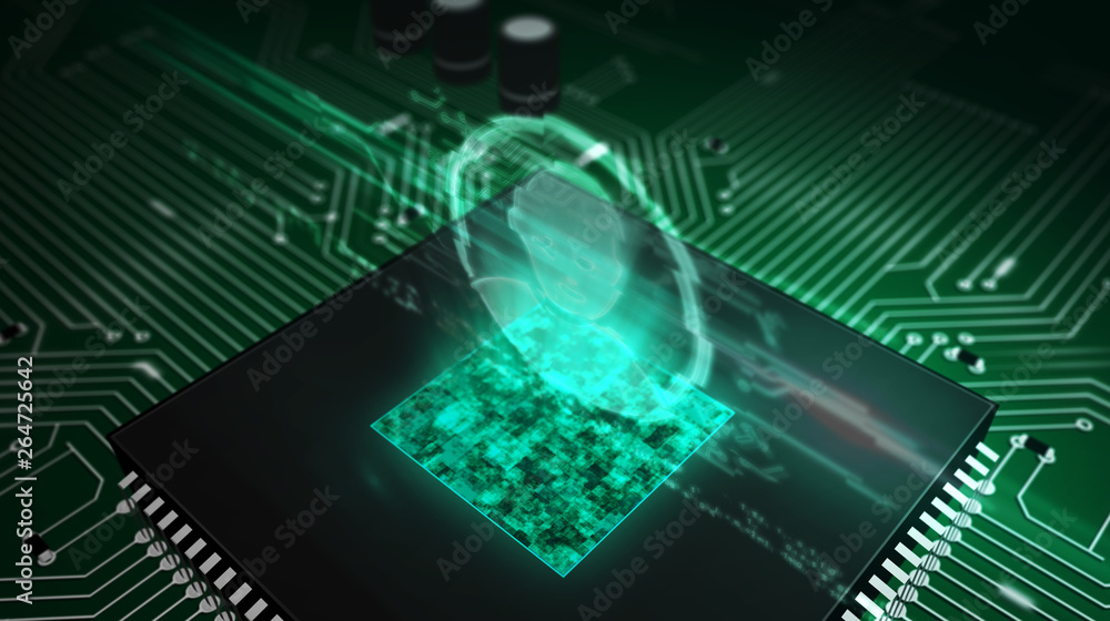 Fototapeta premium CPU on board with profile head hologram