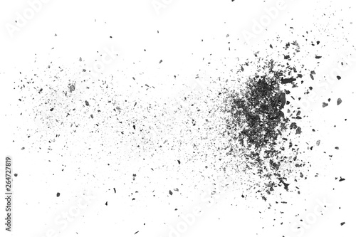 Fototapeta Black charcoal dust, gunpowder blast effect isolated on white background and tex