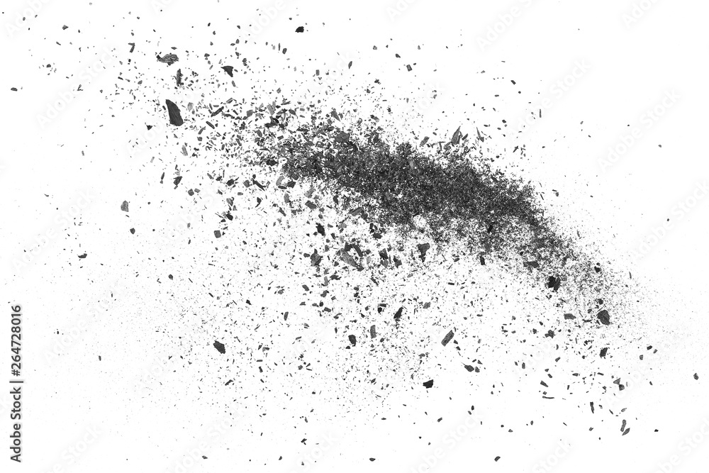 Black charcoal dust, gunpowder blast effect isolated on white background and texture, top view and clipping path