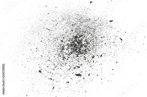 Black charcoal dust  gunpowder blast effect isolated on white background and texture  top view and clipping path