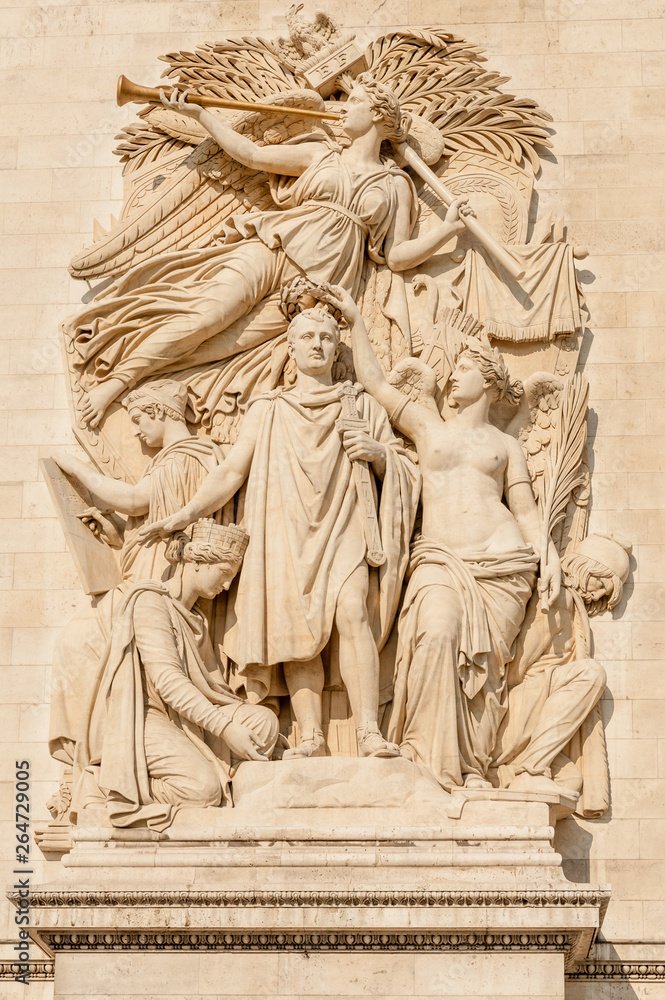 Famous Arc de Triomphe (Triumphal Arch) pillar relief featuring Napoleon relief called Triumph of 1810, Paris, France