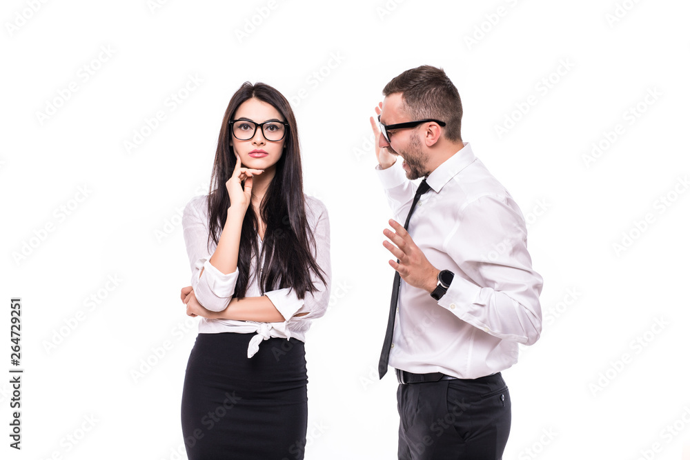 Portrait of displeased angry quarrel business colleagues couple isolated over white wall background. Portrait of displeased angry quarrel business colleagues couple isolated over white wall background.