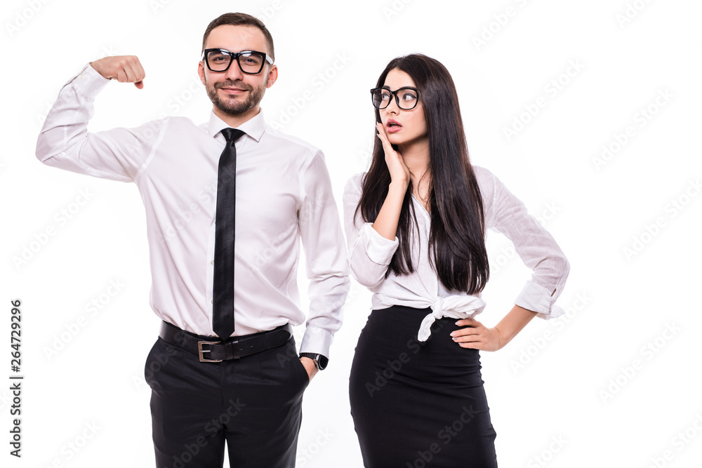 Business man show strong muscle power for shoked business woman isolated on white background. Success concept. Business man show strong muscle power for shoked business woman isolated on white background. Success concept.