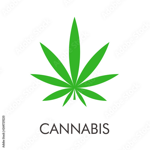 Logotipo abstracto con texto CANNABIS con hoja de marihuana en color verde