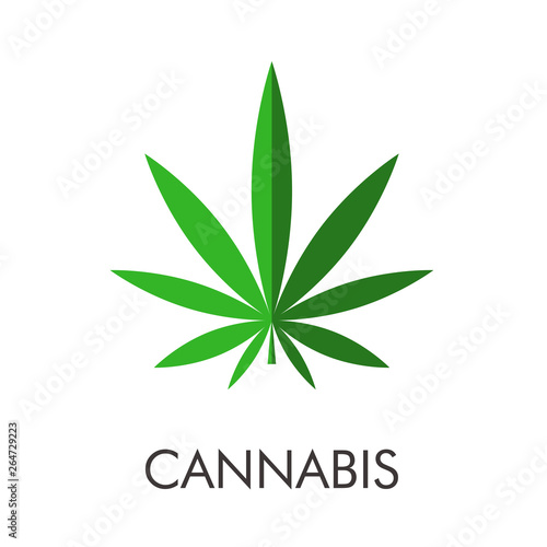 Logotipo abstracto con texto CANNABIS con hoja de marihuana en color verde