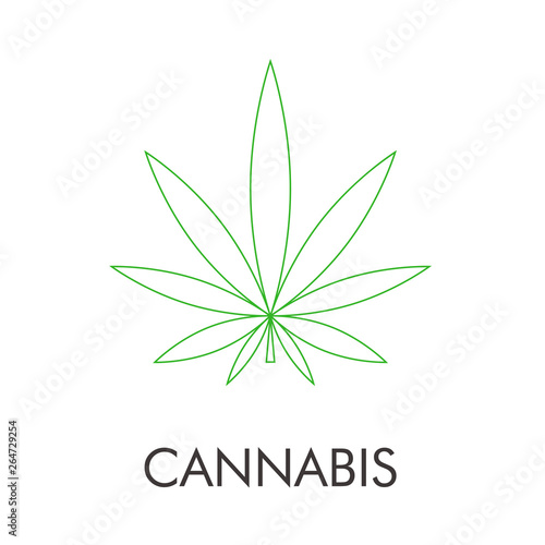Logotipo abstracto con texto CANNABIS con hoja de marihuana lineal en color verde