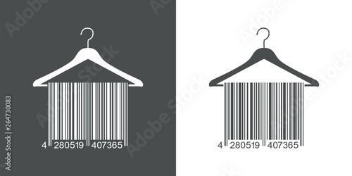 Icono plano código de barras en percha en gris y blanco