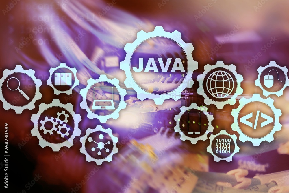 Java Programming concept. Virtual machine. On server room background ...
