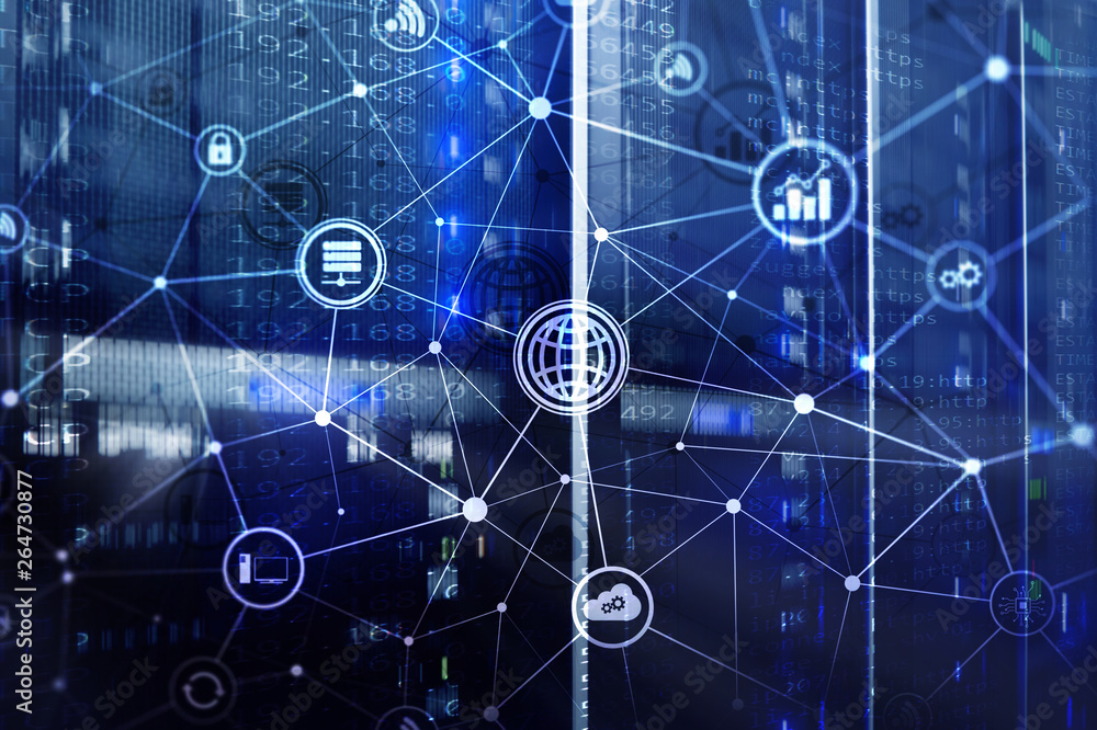 ICT - information and telecommunication technology and IOT - internet of things concepts. Diagrams with icons on server room backgrounds. ICT - information and telecommunication technology and IOT - internet of things concepts. Diagrams with icons on server room backgrounds.