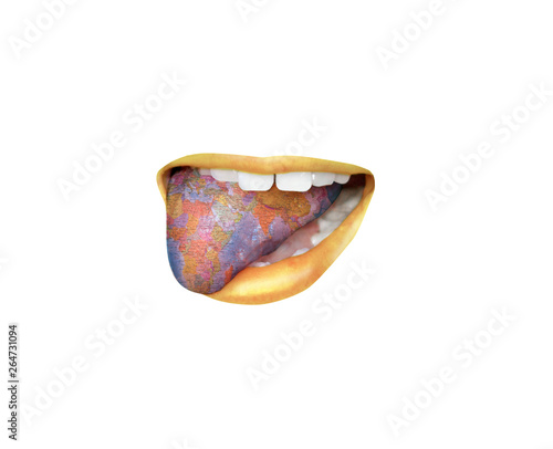 lips and tongue with world map,world wide language speaking, Foreign language school concept. Lips, open mouth, connection business around the world