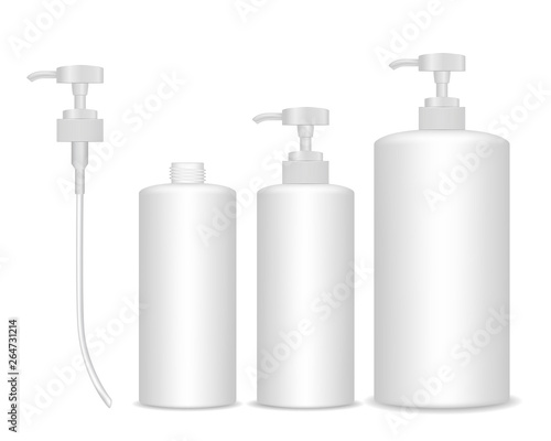 Cosmetic plastic bottle with white dispenser pump. Liquid container for gel, lotion, cream, shampoo, bath foam. Beauty product package, vector illustration.