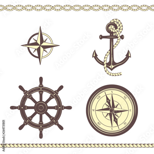 Set of nautical sketches. Anchor, ropes, compass, Rose of Wind, ship steering wheel, borders. Yellow and brown colors. 