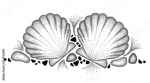 Drawing with dotted Sea shell or Scallop and pebbles in black isolated on white background.