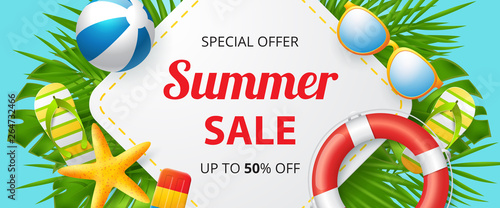 Summer sale vector banner design with colorful beach elements. Vector illustration