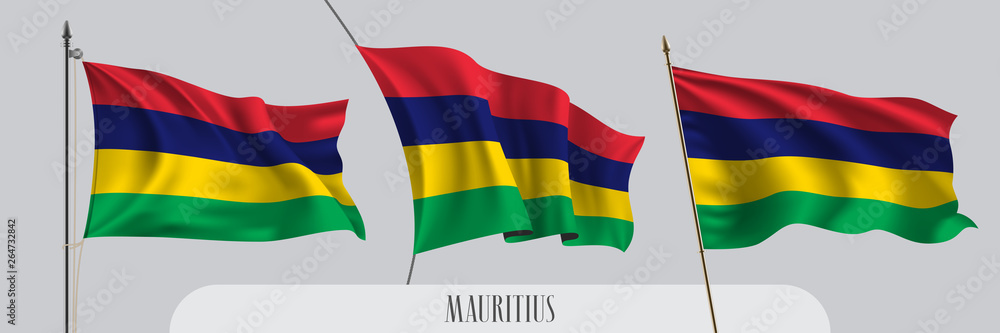 Set of Mauritius waving flag on isolated background vector illustration Set of Mauritius waving flag on isolated background vector illustration