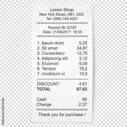 Paper receipt. Vector illustration with shadow isolated on transparent background. A check confirming payment for goods or services.