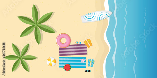 beautiful day on the beach top view with surfboard and palm trees summer holiday design vector illustration EPS10