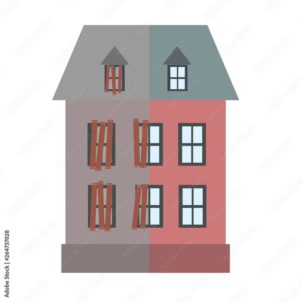 Renovation building House before and after repair vector illustration.