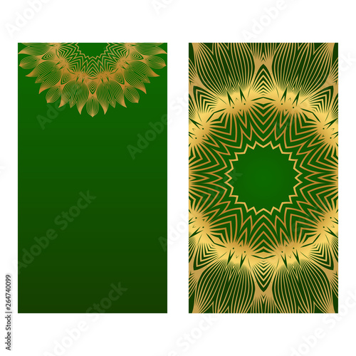 Templates Card With Mandala Design. Heathcare, Lifestyle Flyer. Vector Illustration. Romantic green gold color