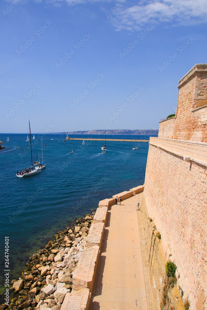 Coastline of Marseille, beautiful view from the Fort Saint-Jean to sail boats