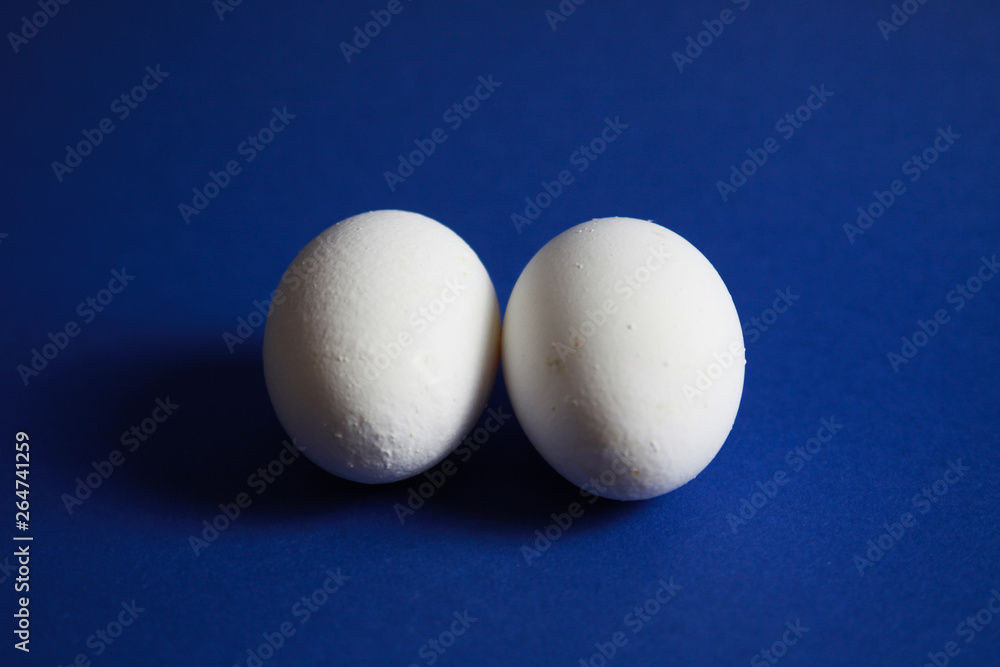 Close up of isolated two eggs with blue background Close up of isolated two eggs with blue background