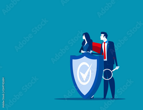 Program team and shield covering from attacks. Concept business vector illustration, Protection, Insurance, Technology.