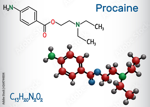 Procaine molecule. Is a local anesthetic drug. Structural chemical formula and molecule model