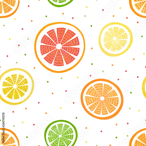Seamless pattern with orange, grapefruit, lemon and lime on white background with polka dots. Illustration with different types of citrus.