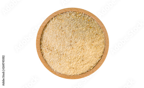 breadcrumbs in wooden bowl isolated on white background. nutrition. food ingredient.top view.