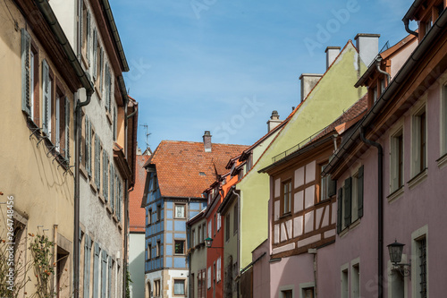 ROTHENBURG OB DER TAUBER, GERMANY - MARCH 05, 2018: Historic colorful half-timbered houses in the medieval town Rothenburg ob der Tauber, one of the most beautiful villages in Europe, Germany