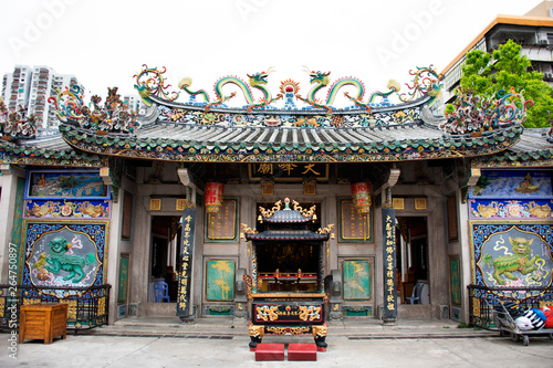 Chinese people praying god and angel goddess statue at Guandi shirne and Jinping Temple of the Queen of Heaven at Shantou or Swatow city in Guangdong, China